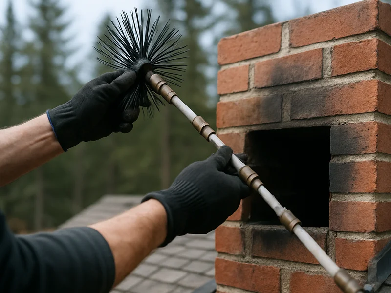 Rotary brush being fed down a masonry chimney flue in the Black Hills